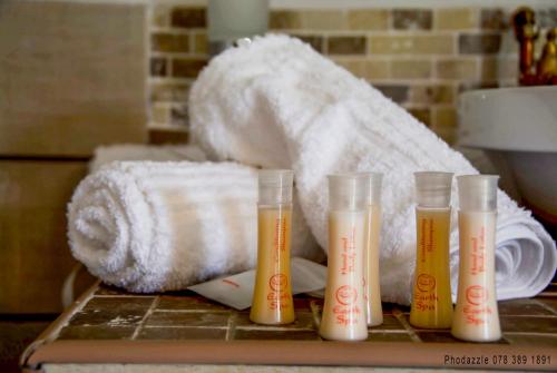 a group of four test tubes on a counter with towels at Die Kasteel in Hartswater