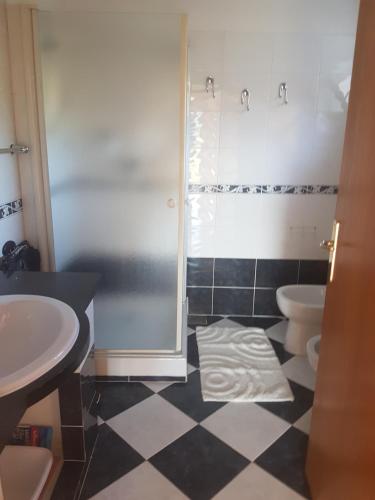 a bathroom with a shower and a toilet and a sink at Apartment Tempera in Povlja