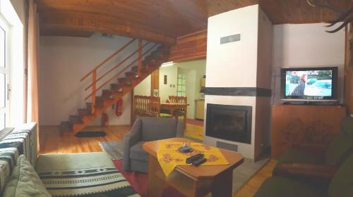 a living room with a fireplace and a television at Chata Lucia in Stará Lesná