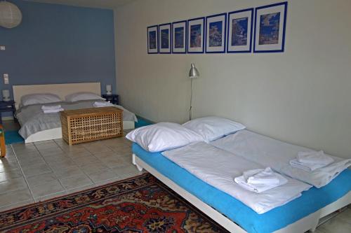 a bedroom with two beds and a rug at Apartmán Tilia in Pavlov