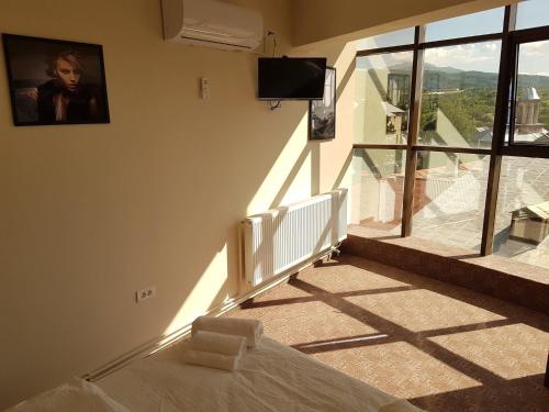 a bedroom with a bed and a tv on the wall at SkyRoomsHorezu in Horezu