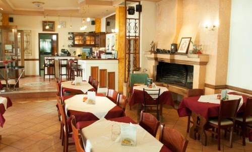 イグメニツァにあるStavrodromi Hotelのテーブルと椅子、暖炉のあるレストラン