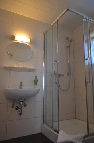 a bathroom with a glass shower and a sink at Am Alten Hafen in Neuharlingersiel