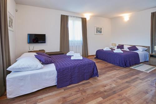 2 camas en una habitación de hotel con sábanas moradas en B&B Apartments Burić Plitvice Lakes, en Selište Drežničko