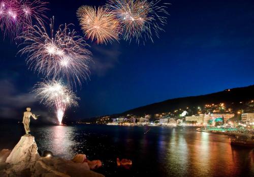 a firework display over the water with a statue at Bed & Breakfast Borka in Opatija