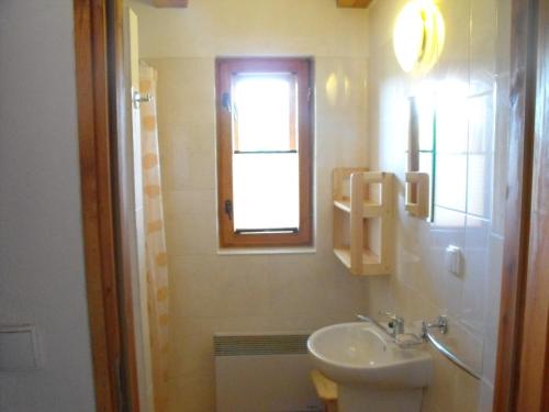 a bathroom with a sink and a window at Domki przy lesie in Werblinia