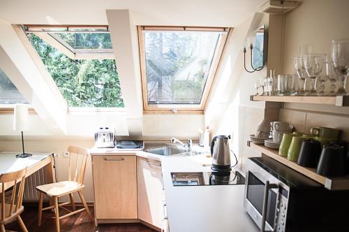 een kleine keuken met een gootsteen en een fornuis bij Willa Marma B&B in Zakopane