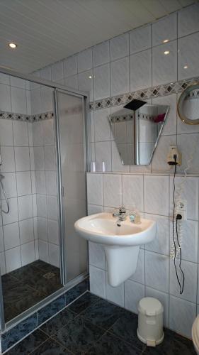 W łazience znajduje się umywalka i prysznic. w obiekcie Hotel Steiner w mieście Sehnde