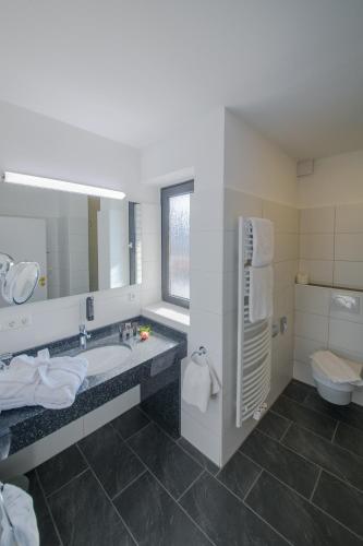 a bathroom with a sink and a toilet and a mirror at Wellness Hotel Harms in Bad Nenndorf