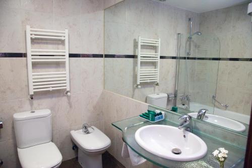 a bathroom with a sink and a toilet and a shower at Hotel Unzaga Plaza in Éibar