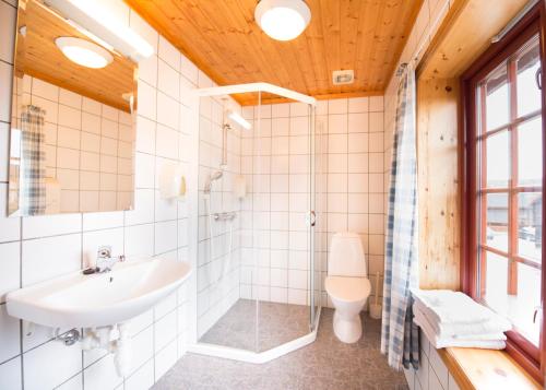 a bathroom with a shower and a sink and a toilet at Berkåk Gjestegård in Berkåk