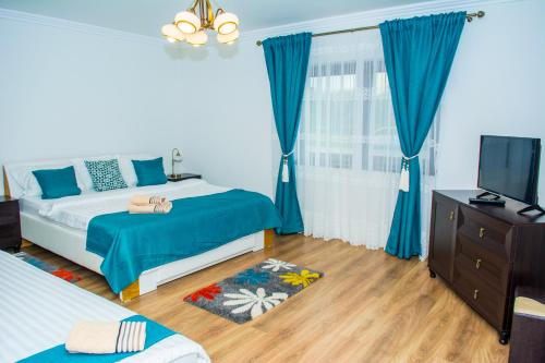 1 Schlafzimmer mit 2 Betten, einem TV und blauen Vorhängen in der Unterkunft Casa Alin in Haţeg
