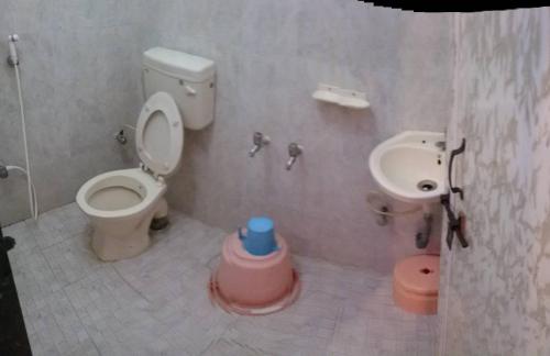 een badkamer met een toilet en een wastafel bij Yuvraj Lodge in Osmānābād