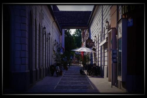 an alley with an umbrella on a city street at HAPPY COLOURS in Old Town in Kecskemét