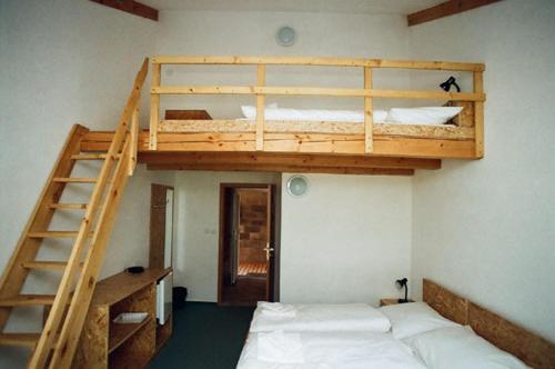 1 Schlafzimmer mit 2 Etagenbetten und einer Leiter in der Unterkunft Motel Dacice in Dačice