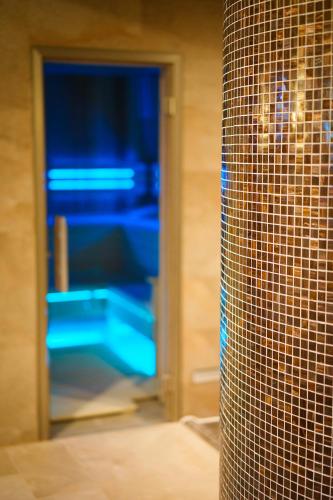a room with a glass door with blue shelves at Penzion Koráb in Prague