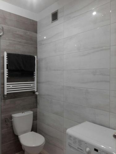 a bathroom with a toilet and a sink at Apartament Bajkowy in Sianów