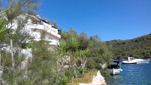 a building on the side of a river with boats at Apartments Livia in Lastovo