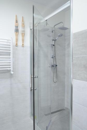 a shower with a glass door in a bathroom at Seaside Apartamenty Puck in Puck