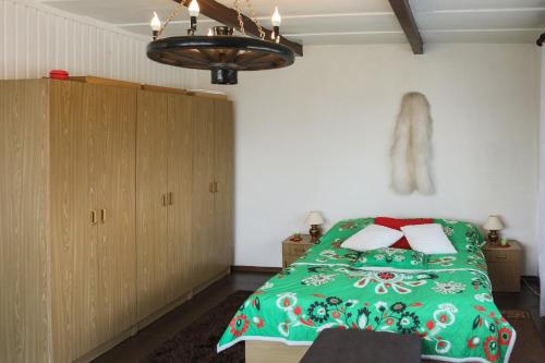 ノヴィ・タルクにあるGAZDÓWKA POD JABŁONKAMIのベッドルーム1室(ベッド1台、緑の掛け布団付)
