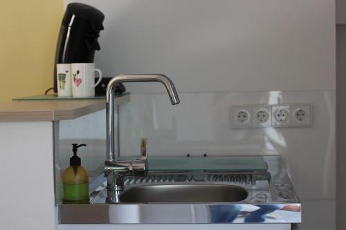 a kitchen counter with a sink and a stove at AusZeit Nähe Airport in Kleineichen