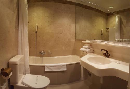 a bathroom with a tub and a toilet and a sink at Hotel Fleur-de-Lys in La Chaux-de-Fonds