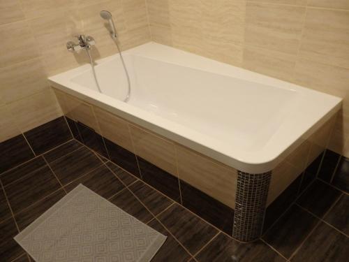a bath tub with a shower in a bathroom at Penzion Prefila in Bulhary