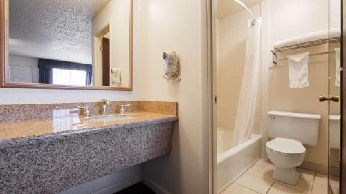 La salle de bains est pourvue d'un lavabo, de toilettes et d'un miroir. dans l'établissement Trailside Inn, à Alturas
