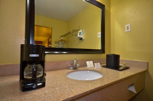 a hotel room bathroom with a coffee maker on a sink at Best Western Executive Inn in Hallettsville