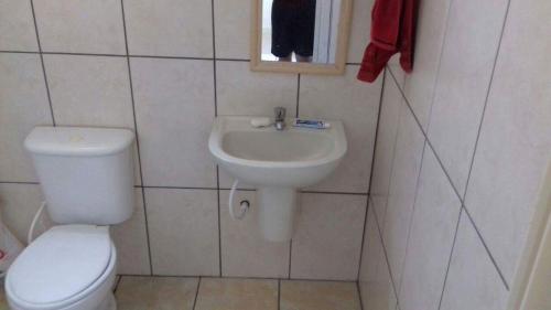 La petite salle de bains est pourvue de toilettes et d'un lavabo. dans l'établissement Orquidea Hospedagem, à Cachoeira Paulista