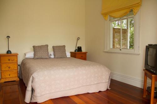 a bedroom with a bed and a window and a television at Margrain Vineyard Villas in Martinborough 
