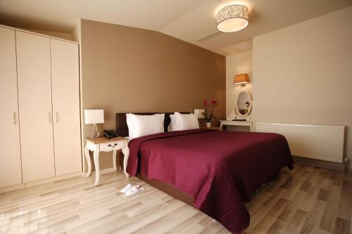 een slaapkamer met een groot bed en een rode deken bij Home Stay Home Sisli in Istanbul
