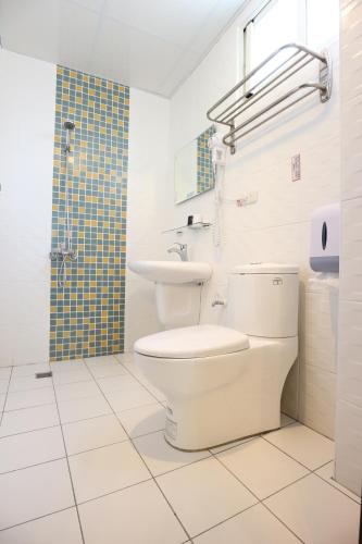 a bathroom with a toilet and a sink and a shower at Baby Pig B&B in Taitung City