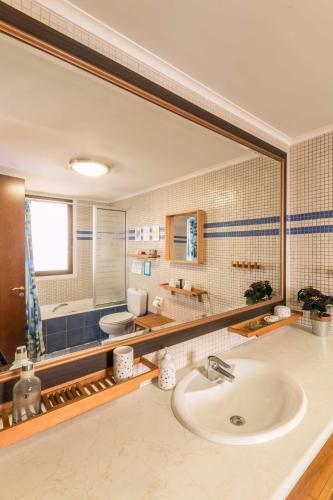 a bathroom with a sink and a large mirror at Oceania & Panorama Villas in Peyia