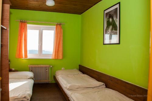 a green room with two beds and a window at Penzion Pohlednička in Benecko