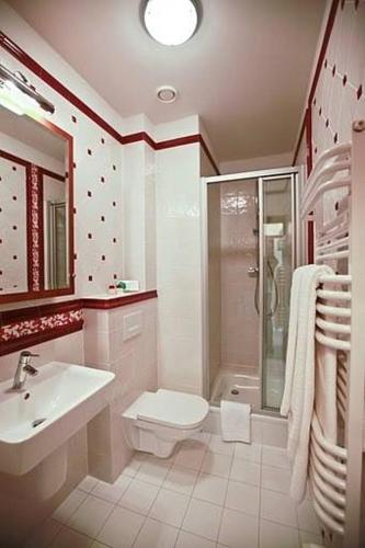 a bathroom with a sink and a toilet and a shower at Apartamenty Villa Artis in Świnoujście