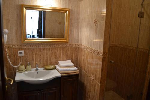 a bathroom with a sink and a mirror and a shower at Casa Republicii in Braşov