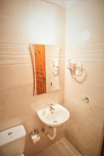 a bathroom with a sink and a toilet and a mirror at Corfu Aqua Nisaki in Nisakion