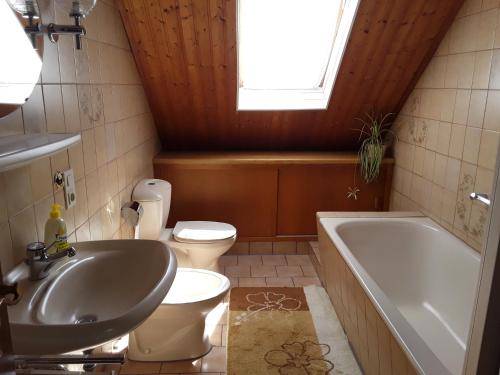 a bathroom with a sink and a toilet and a tub at Ferienhaus Nicole in Piesport