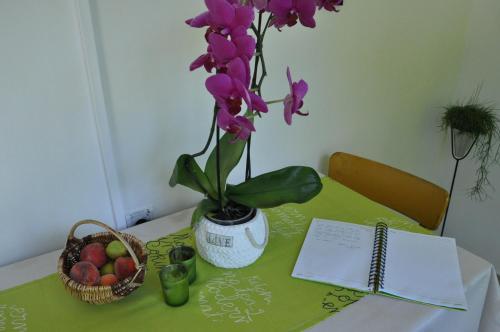 une table avec un vase de fleurs et une corbeille de fruits dans l'établissement Apartment Marioni, à Buzet