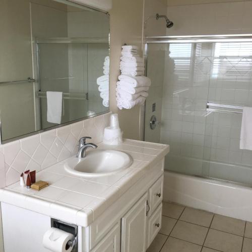 a bathroom with a sink and a mirror and a tub at The Sea View Inn At The Beach in Manhattan Beach