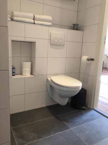 a white bathroom with a toilet and some towels at Huisje op Hamingen in Staphorst
