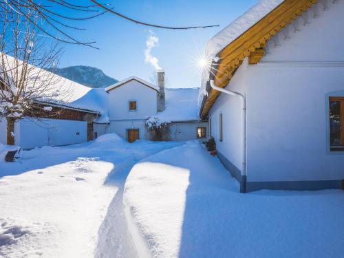 a snow covered driveway next to a house at Ferienwohnung Mariazell in Mariazell
