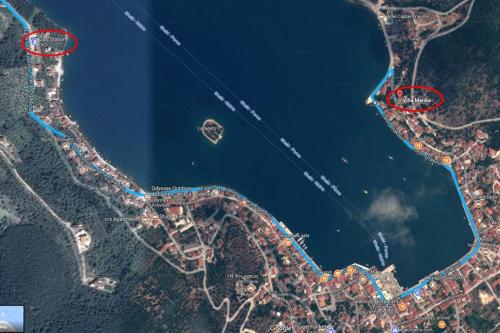 two red dots on a map of the water at Villa Marika in Vathi, Ithaka