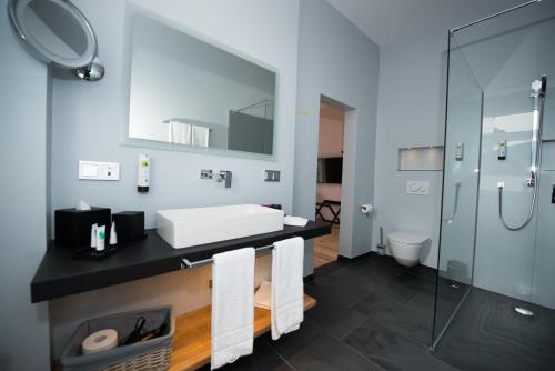 a bathroom with a sink and a glass shower at LIONO BoutiqueHotel in Goslar