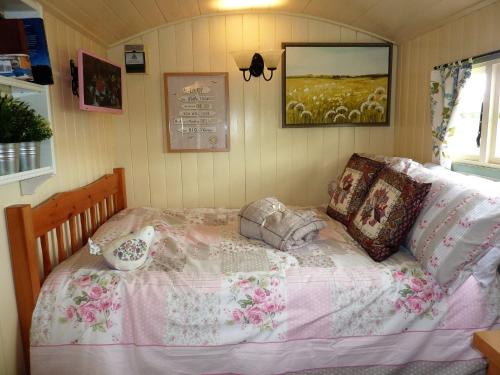 a small bedroom with a bed with a pink blanket at The Buteland Stop Rosie off grid Shepherds Hut in Bellingham