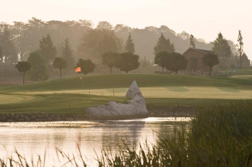 a statue of a iceberg next to a pond at Golfpark Strelasund in Süderholz