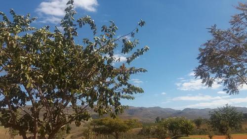 a tree with a view of mountains in the background at Chales Recanto das Seriemas in São Roque de Minas