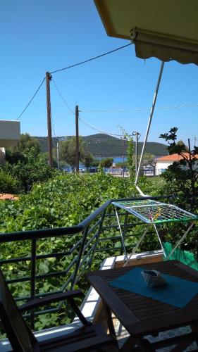a table with an umbrella next to a field of lettuce at Nikolitsa Apartments in Glyfada Fokidas