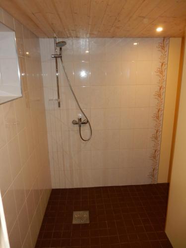 a shower in a bathroom with a tile wall at Kalda Camping Valma in Valma